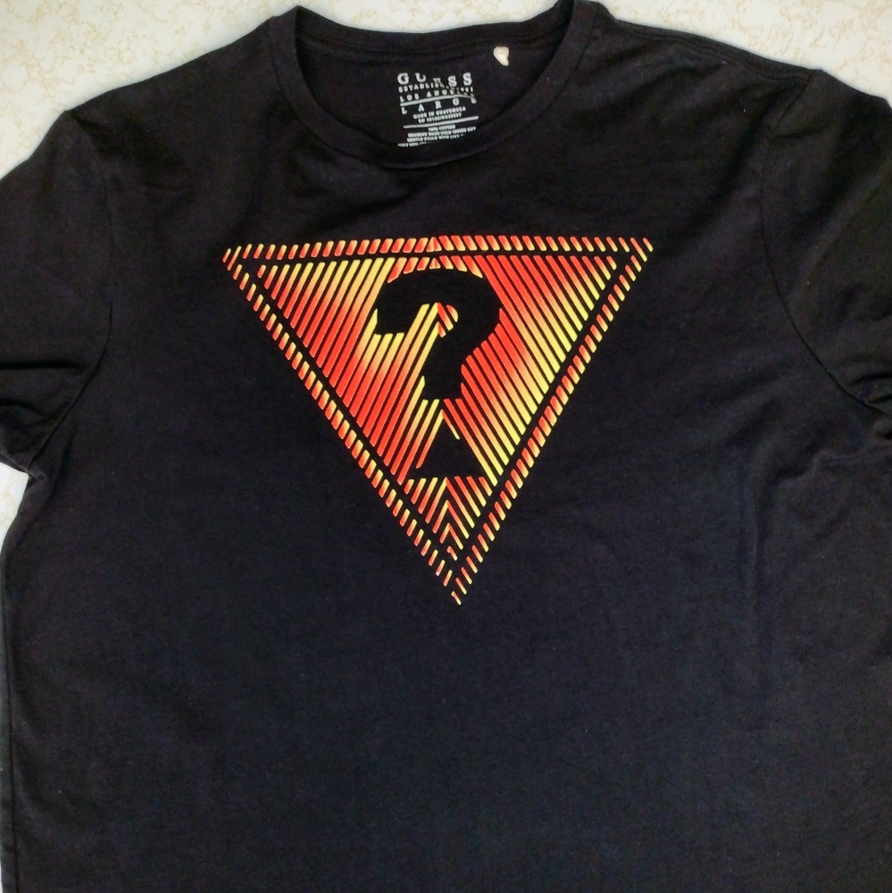 Guess Men's Large short sleeve triangle Tshirt. Black, orange, and gold. - Picture 1 of 9